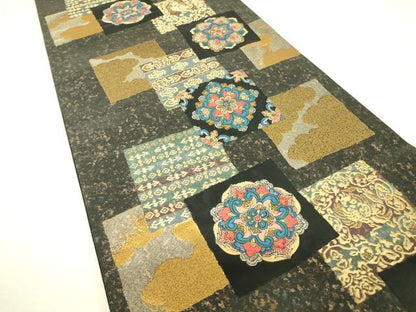 平和屋着物▼六通柄袋帯　天平華文市松くずし　金糸　引箔　正絹　逸品　DABJ1233az