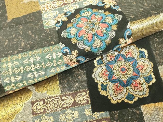 平和屋着物▼六通柄袋帯　天平華文市松くずし　金糸　引箔　正絹　逸品　DABJ1233az