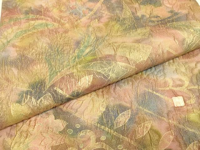 平和屋着物▼太鼓柄袋帯　作家物　ふくれ織　更紗花文　金彩　金通し地　正絹　逸品　DABJ1235az