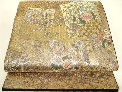 平和屋着物▼六通柄袋帯　草花色紙文　金糸　正絹　逸品　DABJ1237az