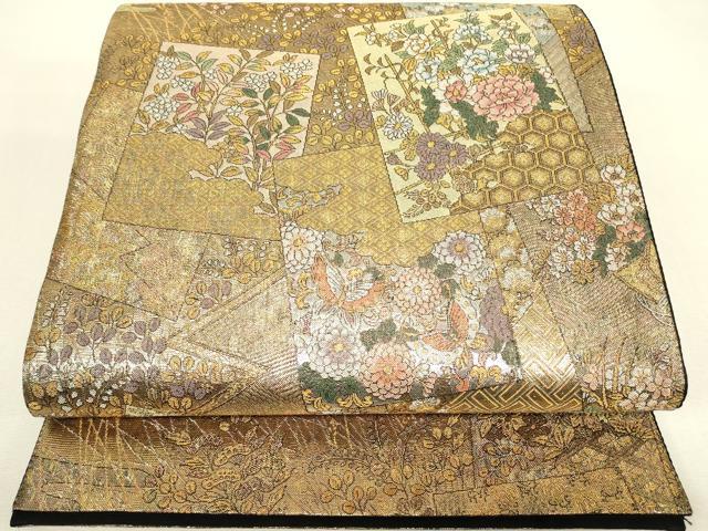 平和屋着物▼六通柄袋帯　草花色紙文　金糸　正絹　逸品　DABJ1237az