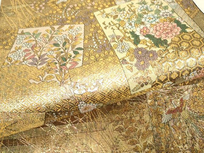 平和屋着物▼六通柄袋帯　草花色紙文　金糸　正絹　逸品　DABJ1237az