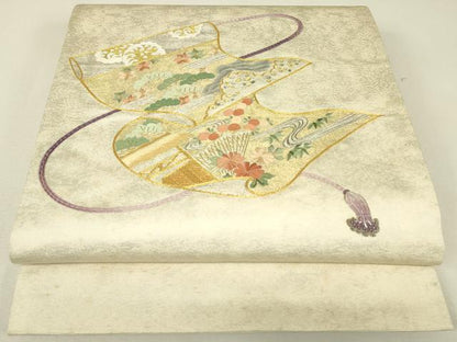 平和屋着物▼太鼓柄袋帯　駒刺繍　総刺繍　花松文　金銀糸　引箔　正絹　逸品　DABJ1250az