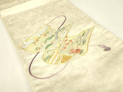 平和屋着物▼太鼓柄袋帯　駒刺繍　総刺繍　花松文　金銀糸　引箔　正絹　逸品　DABJ1250az