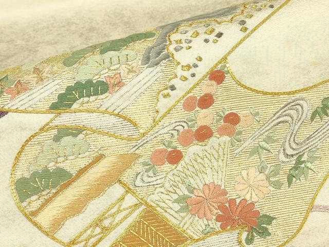 平和屋着物▼太鼓柄袋帯　駒刺繍　総刺繍　花松文　金銀糸　引箔　正絹　逸品　DABJ1250az