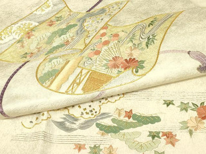 平和屋着物▼太鼓柄袋帯　駒刺繍　総刺繍　花松文　金銀糸　引箔　正絹　逸品　DABJ1250az