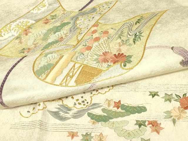 平和屋着物▼太鼓柄袋帯　駒刺繍　総刺繍　花松文　金銀糸　引箔　正絹　逸品　DABJ1250az