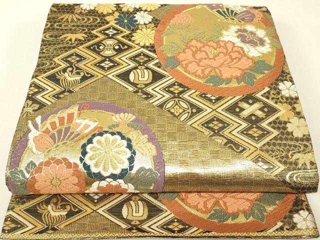平和屋着物▼佐賀錦　六通柄袋帯　唐織　吉祥花蝶丸文　金糸　正絹　逸品　DABJ1257az