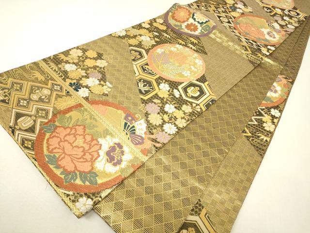 平和屋着物▼佐賀錦　六通柄袋帯　唐織　吉祥花蝶丸文　金糸　正絹　逸品　DABJ1257az