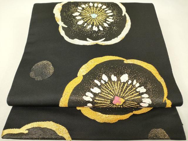 平和屋着物▼六通柄袋帯　唐織　舞花文　黒地　金糸　正絹　逸品　DABJ1265az