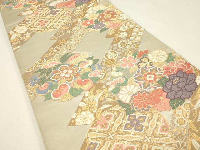 平和屋着物▼六通柄袋帯　唐織　正倉院花丸文　金銀糸　正絹　逸品　DABJ1267az