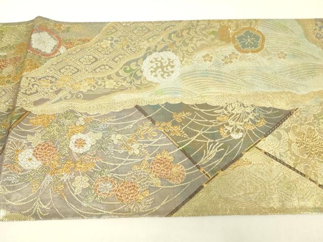 平和屋着物▼双方向　両面全通柄袋帯　瑞花狂言文　金銀糸　正絹　逸品　DABJ1269az