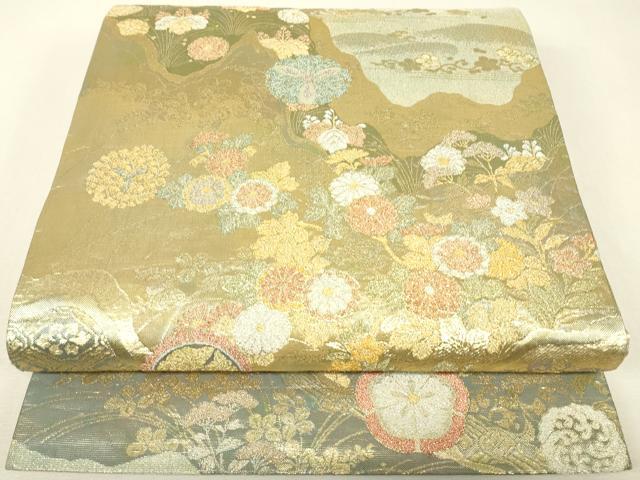 平和屋着物▼双方向　両面全通柄袋帯　瑞花狂言文　金銀糸　正絹　逸品　DABJ1269az