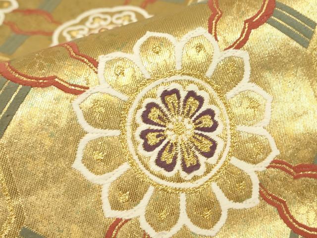 平和屋着物▼西陣　高島織物謹製　六通柄袋帯　繻珍織　寿　正倉院花文　金糸　引箔　正絹　逸品　DABJ1270az