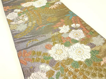 平和屋着物▼六通柄袋帯　膨れ織　優華辻が花　金糸　正絹　逸品　DABJ1274az