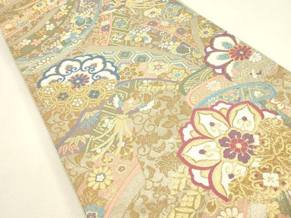 平和屋着物▼六通柄袋帯　正倉院束ね熨斗花文　金銀糸　正絹　逸品　DABJ1287az