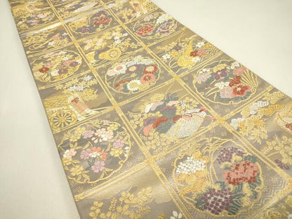 平和屋着物▼六通柄袋帯　格天井楽器花文　金銀糸　正絹　逸品　DABJ1291az