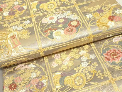 平和屋着物▼六通柄袋帯　格天井楽器花文　金銀糸　正絹　逸品　DABJ1291az