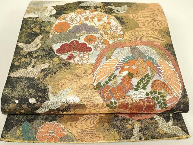 平和屋着物▼佐賀錦　全通柄袋帯　瑞鳥花の丸紋　金糸　正絹　逸品　DABJ1294az
