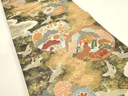 平和屋着物▼佐賀錦　全通柄袋帯　瑞鳥花の丸紋　金糸　正絹　逸品　DABJ1294az