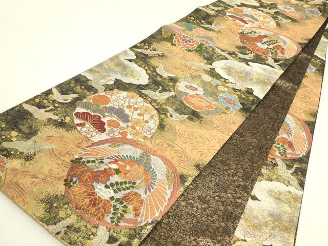 平和屋着物▼佐賀錦　全通柄袋帯　瑞鳥花の丸紋　金糸　正絹　逸品　DABJ1294az
