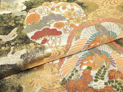 平和屋着物▼佐賀錦　全通柄袋帯　瑞鳥花の丸紋　金糸　正絹　逸品　DABJ1294az