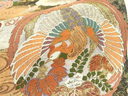 平和屋着物▼佐賀錦　全通柄袋帯　瑞鳥花の丸紋　金糸　正絹　逸品　DABJ1294az