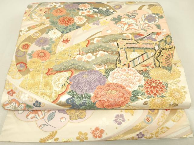 平和屋着物▼六通柄袋帯　能衣扇面辻が花　金糸　正絹　逸品　DABJ1321az