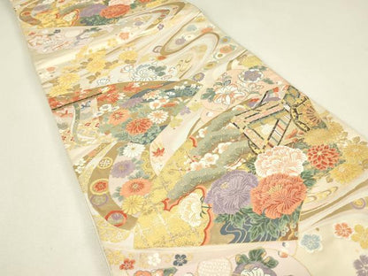 平和屋着物▼六通柄袋帯　能衣扇面辻が花　金糸　正絹　逸品　DABJ1321az