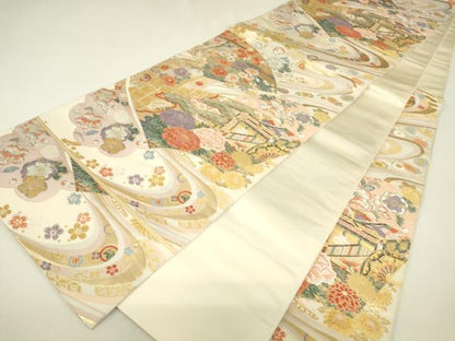 平和屋着物▼六通柄袋帯　能衣扇面辻が花　金糸　正絹　逸品　DABJ1321az