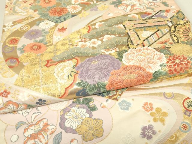 平和屋着物▼六通柄袋帯　能衣扇面辻が花　金糸　正絹　逸品　DABJ1321az