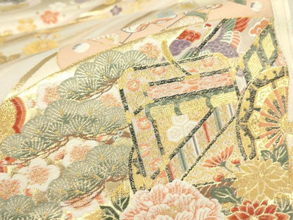 平和屋着物▼六通柄袋帯　能衣扇面辻が花　金糸　正絹　逸品　DABJ1321az