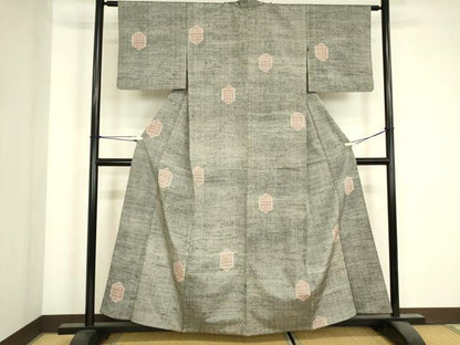 平和屋着物▽上質な紬　単衣　亀甲格子文　正絹　逸品　DABJ1345az