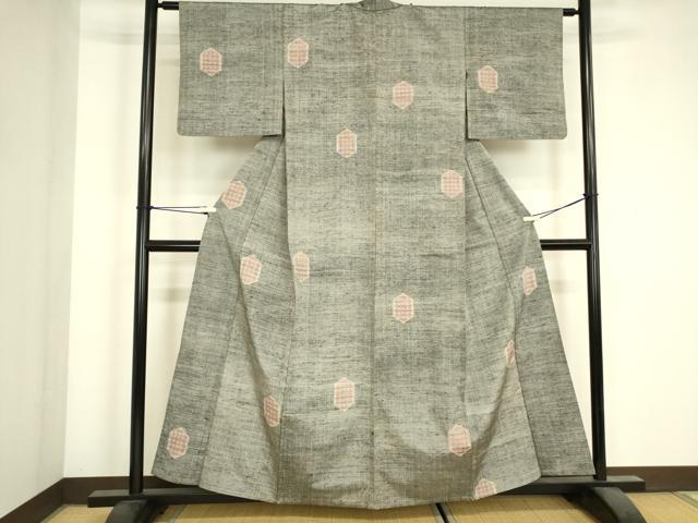 平和屋着物▽上質な紬　単衣　亀甲格子文　正絹　逸品　DABJ1345az