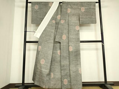 平和屋着物▽上質な紬　単衣　亀甲格子文　正絹　逸品　DABJ1345az