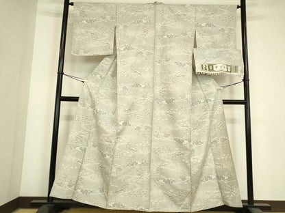 平和屋着物▽上質な紬　単衣　雪花絣　風景樹林文　証紙付き　正絹　逸品　DABJ1346az
