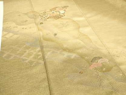 平和屋着物▽中国三大刺繍　スワトウ刺繍　汕頭刺繍　訪問着　単衣　地紙花松文　暈し染め　金彩　正絹　逸品　DABJ1357az