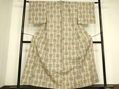 平和屋着物▽上質な紬　単衣　絣格子文　正絹　逸品　DABJ1358az