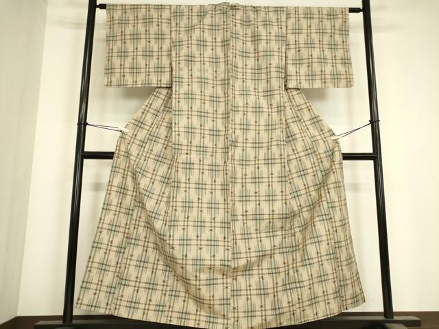 平和屋着物▽上質な紬　単衣　絣格子文　正絹　逸品　DABJ1358az