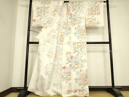 平和屋着物▽上質な小紋　単衣　陶器更紗花文　正絹　逸品　DABJ1369az