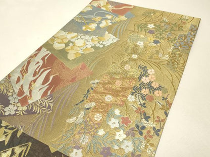 平和屋着物▼全通柄袋帯　色紙重ね飛鶴花文　金糸　正絹　逸品　DABJ1375az