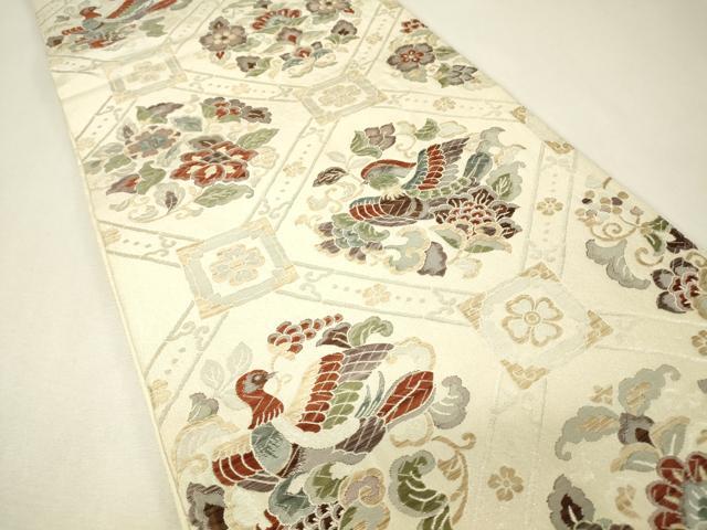 平和屋着物▼六通柄袋帯　名裳織　蜀江花鳥文　銀糸　正絹　逸品　DABJ1376az