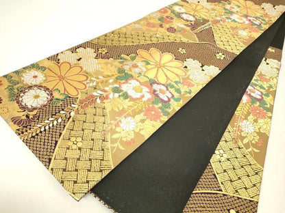 平和屋着物▼六通柄袋帯　吉祥花尽くし　金銀糸　正絹　逸品　DABJ1377az