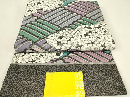 平和屋着物▼西陣　御薗織物謹製　六通柄袋帯　波麗絵　雲取り花文　銀糸　証紙付き　正絹　逸品　未使用　DABJ1406az