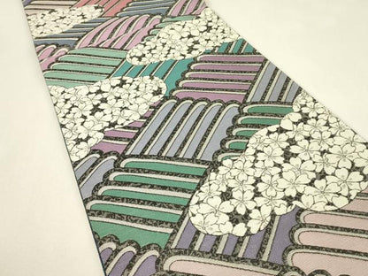 平和屋着物▼西陣　御薗織物謹製　六通柄袋帯　波麗絵　雲取り花文　銀糸　証紙付き　正絹　逸品　未使用　DABJ1406az
