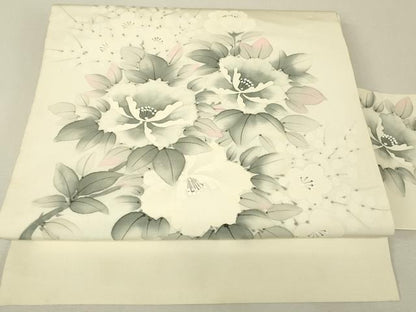 平和屋着物●塩瀬　九寸名古屋帯　作家物　草花文　手描き　正絹　逸品　DABJ1426az