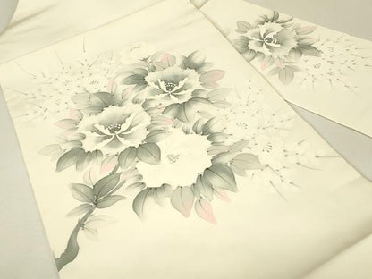 平和屋着物●塩瀬　九寸名古屋帯　作家物　草花文　手描き　正絹　逸品　DABJ1426az