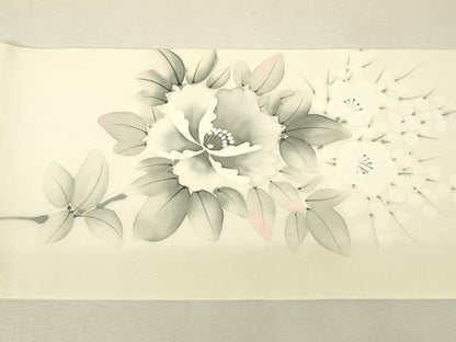 平和屋着物●塩瀬　九寸名古屋帯　作家物　草花文　手描き　正絹　逸品　DABJ1426az