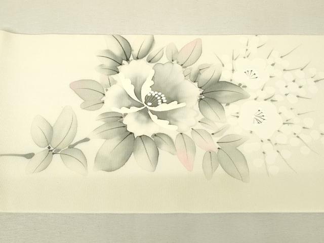平和屋着物●塩瀬　九寸名古屋帯　作家物　草花文　手描き　正絹　逸品　DABJ1426az
