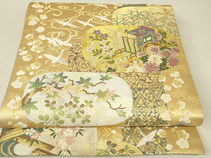平和屋着物▼六通柄袋帯　四季御車文　金銀糸　正絹　逸品　DABJ1433az